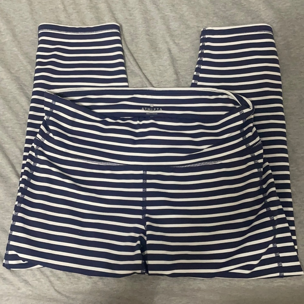 Athleta blue and white striped leggings
